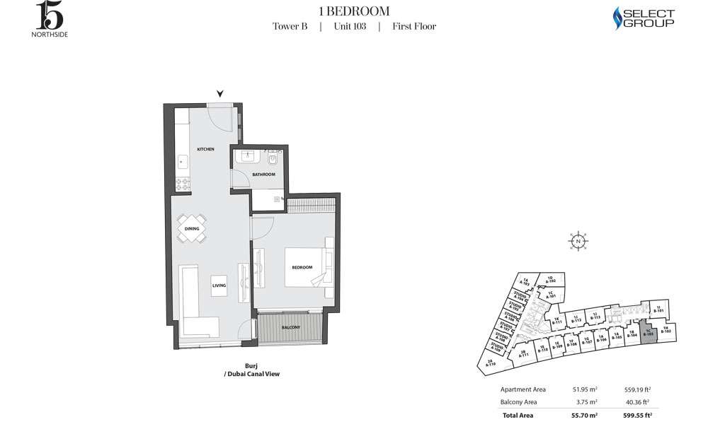 Tower B, 1 Bedroom, Unit 103, First Floor